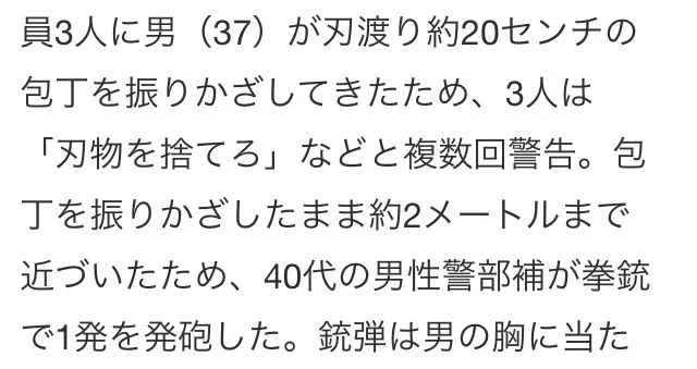2メートルの距離からひとっとびして腕振り回したら、20センチの刃渡りなら刺せるよね、間一髪だったな。  