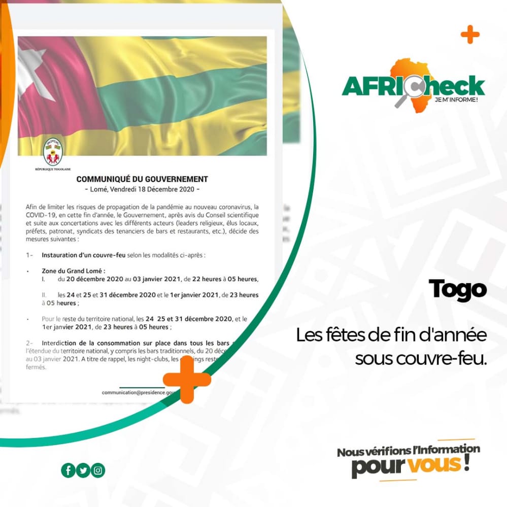 Afric_check's tweet photo. Info/Togo

A compter du 20 Décembre 2020 au 03 Janvier 2021, les Togolais devront de 22h à 05h rester chez eux et fêter dans le strict respect des mesures barrières.

#Togo #africheck #INFO #africa #CouvreFeu https://t.co/1sbvAQR3yP