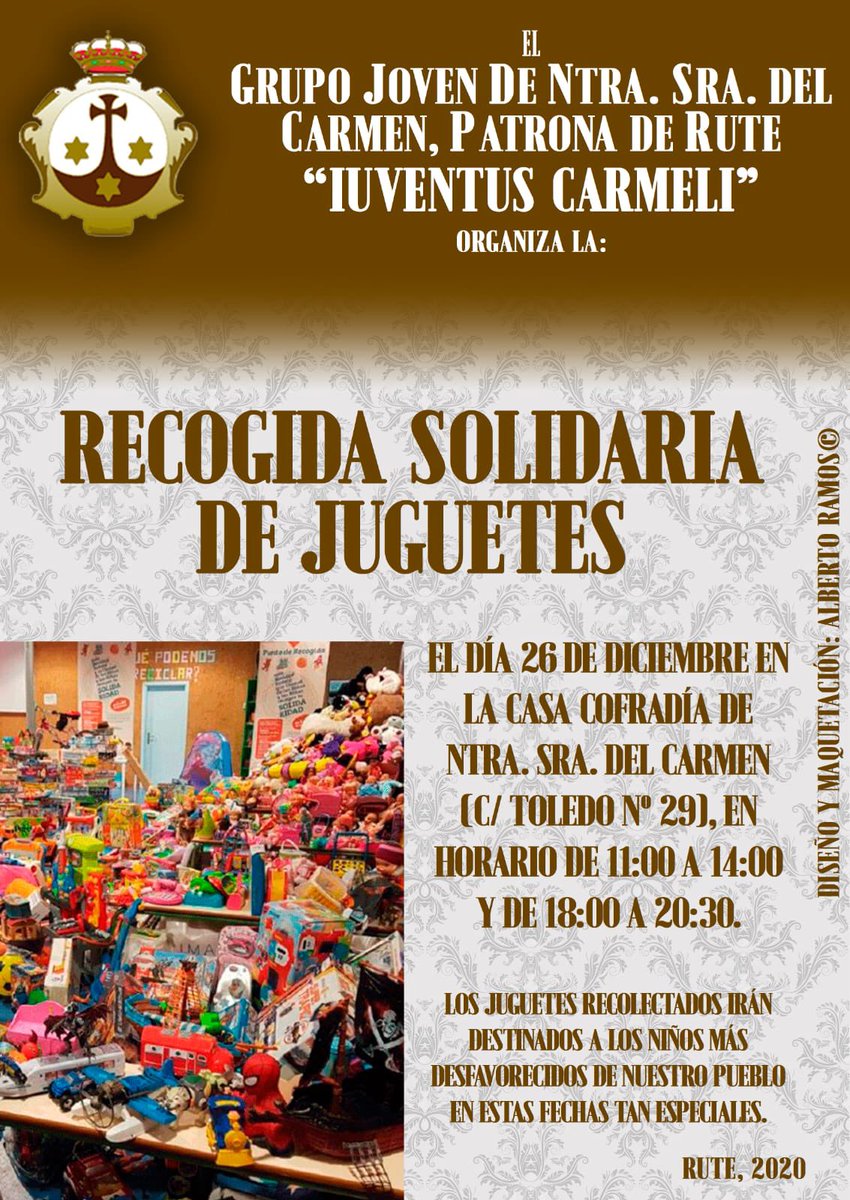 El Grupo Joven de Ntra. Sra. Del Carmen Pateona De Rute organiza una recogida solidaria de juguetes para todos.

Os animamos  a participar en esta bonita iniciativa, para que ningún niño se quede sin juguetes esta Navidad  #ruteconsupatrona #96añoscomopatrona   #CarmenCoronada