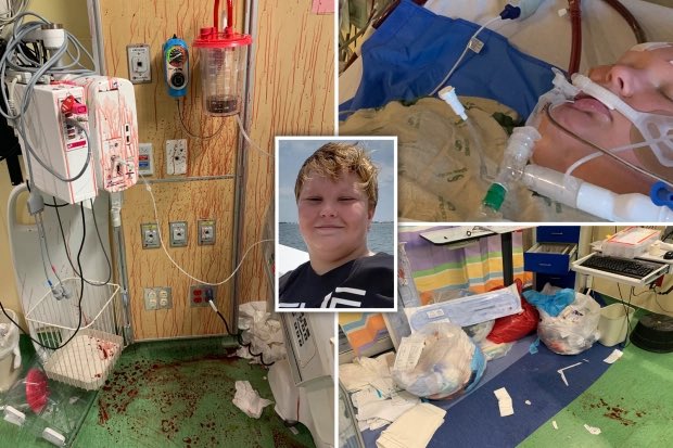 Tragic—a mother lost **both** her sister and her 13 year old son Peyton to  #COVID19. The bereaved mom took the bold step to publicly share the chilling images of her son’s blood-spattered hospital room in a bid to urge Americans to take COVID seriously.  https://www.the-sun.com/news/1995186/shock-photos-blood-boy-13-hospital-wall-died-covid/