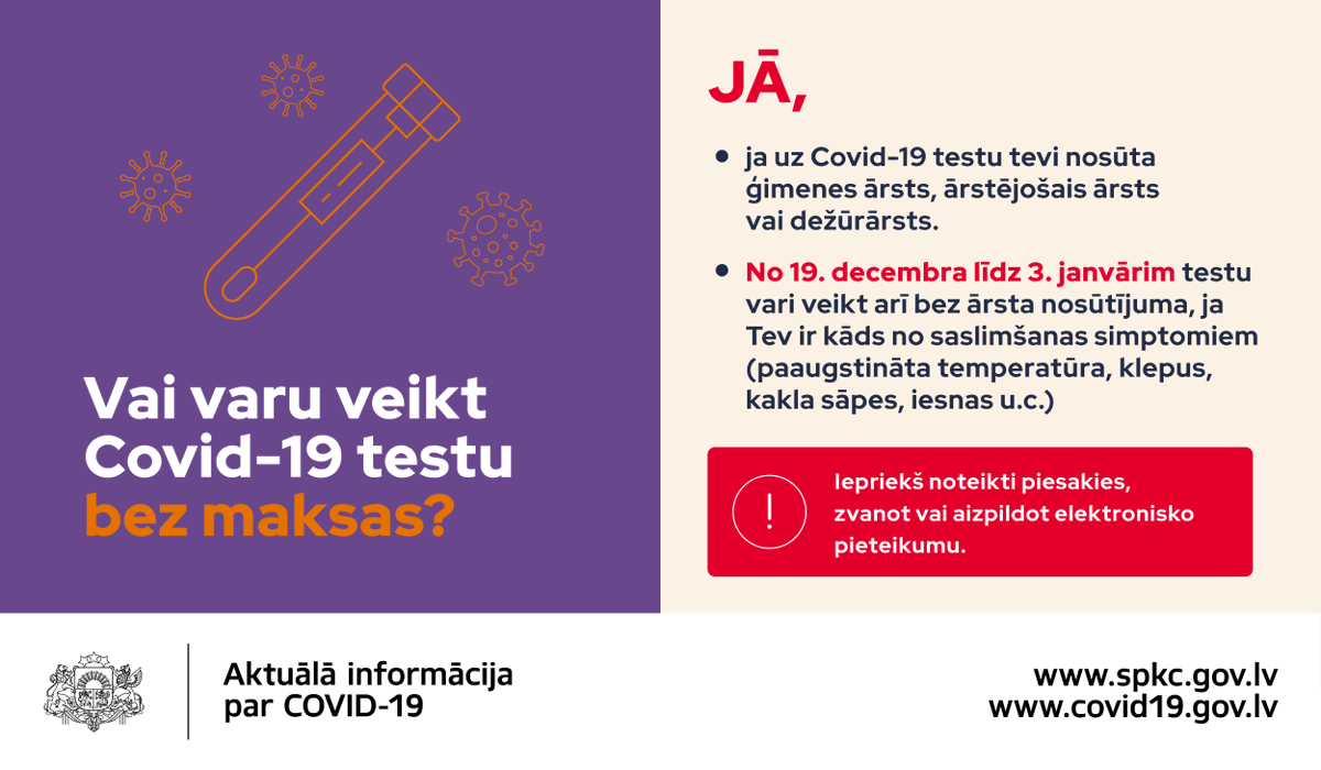 veselibasmin's tweet photo. ❗ No 19. decembra līdz 3. janvārim Covid-19 analīzes ir iespējams nodot arī bez ārsta nosūtījuma, ja ir slimības simptomi.

📲 Kā pieteikties? Lasi te: https://t.co/LitTcMK7Wn https://t.co/XNuqggO6Nu