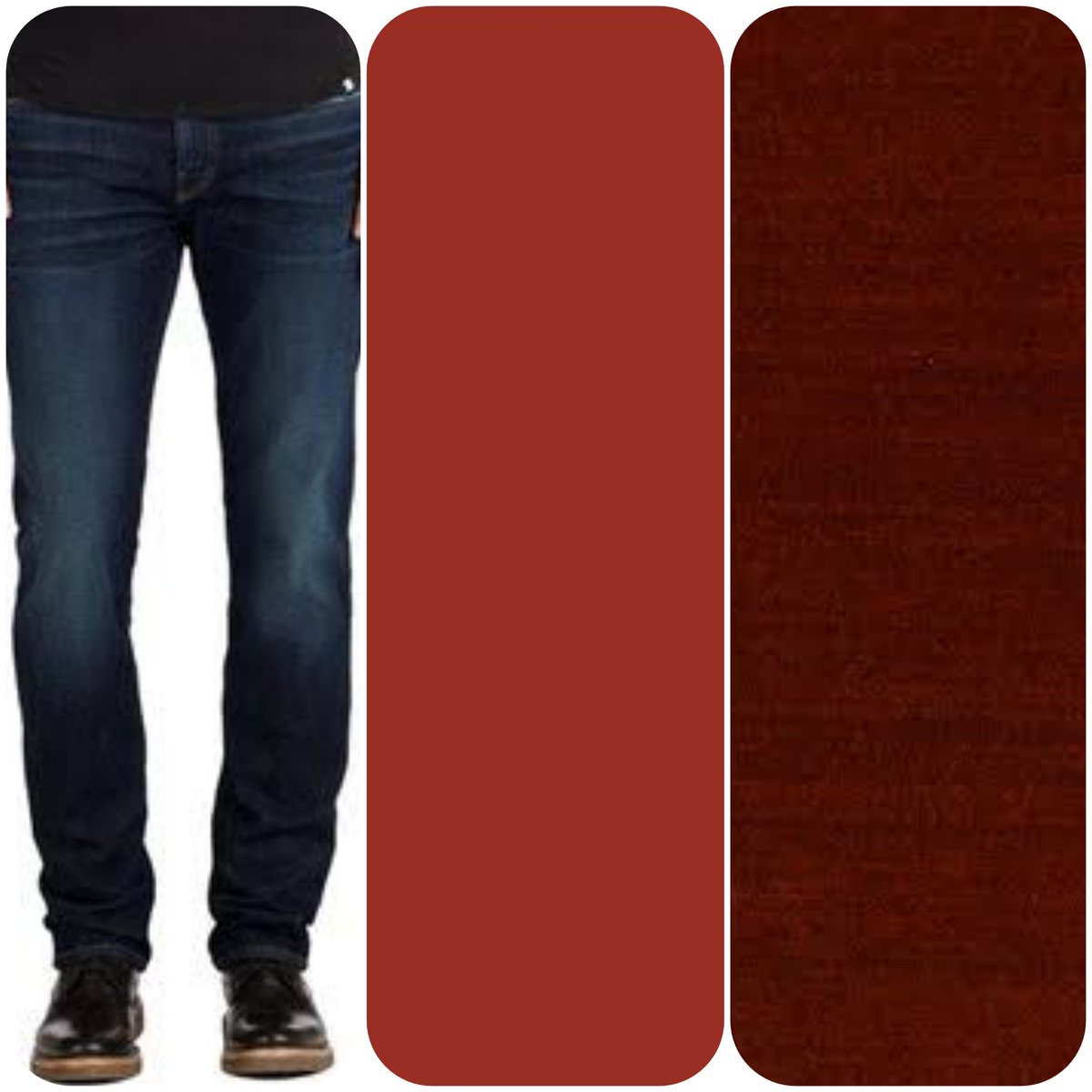 Dragonink13's tweet photo. @toby_oli How about dark washed denim blue for the jeans and burnt orange or burnt umber for the jersey? Then classic black and white trainers https://t.co/jGLFW7JsMv
