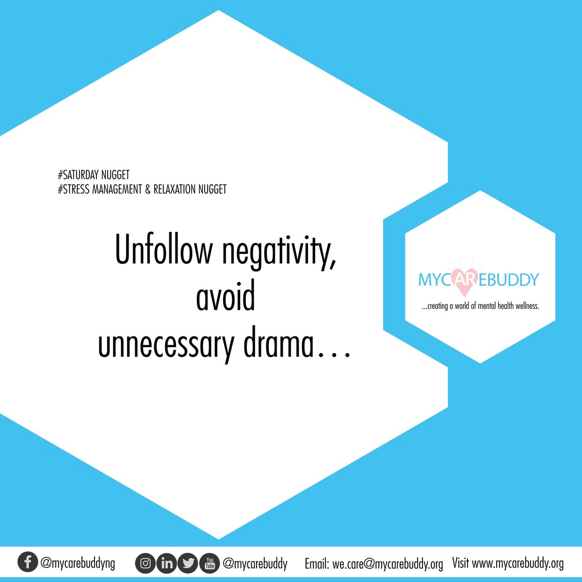 mycarebuddy's tweet photo. Distance yourself from anything that does not add some positivity...
Mycarebuddy cares
https://t.co/e7hE8bVxBq
#mentalhealth #iRant #talktherapy #mcbcares https://t.co/nFGDD97W7B