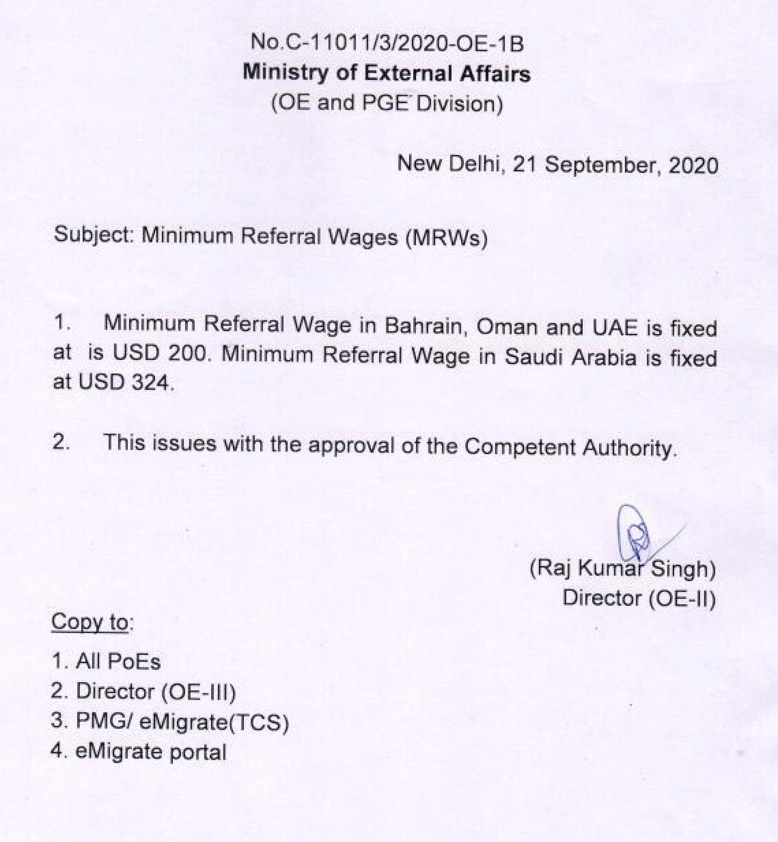 @DrSJaishankar @bandisanjay_bjp @revanth_anumula @krsureshreddy In Sept20, Govt of India REDUCED Minimum Referral Wages (MRWs) for Indian emigrants to GCC. Qatar, Bahrain, Oman, UAE as $200, Kuwait $245 (196 DWs), Saudi $324. Undo your decision & keep old salaries. +91 9849422622