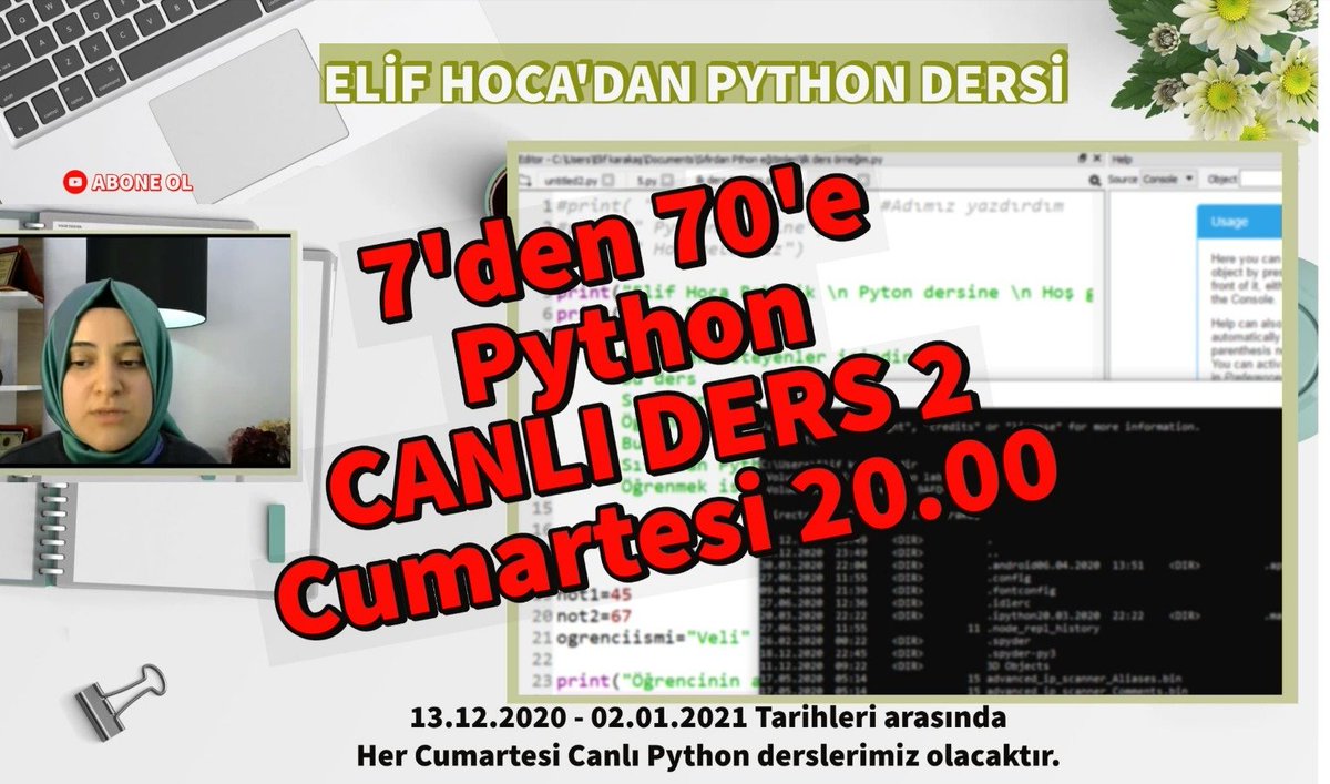 ElifKAR25938713's tweet image. Elif hoca robotik kanalı olarak Pandemiyi fırsata çeviriyoruz. CANLI Python dersi 2 bu akşam saat 20.00' da başlıyor. Üstelik tamamen Ücretsiz. Derse katılım ve ilk dersi izlemek için linki tıklayın.
#canlıpythonedersi
#sıfırdanpythondeğitimi
youtu.be/_y7zQj_7JFQ