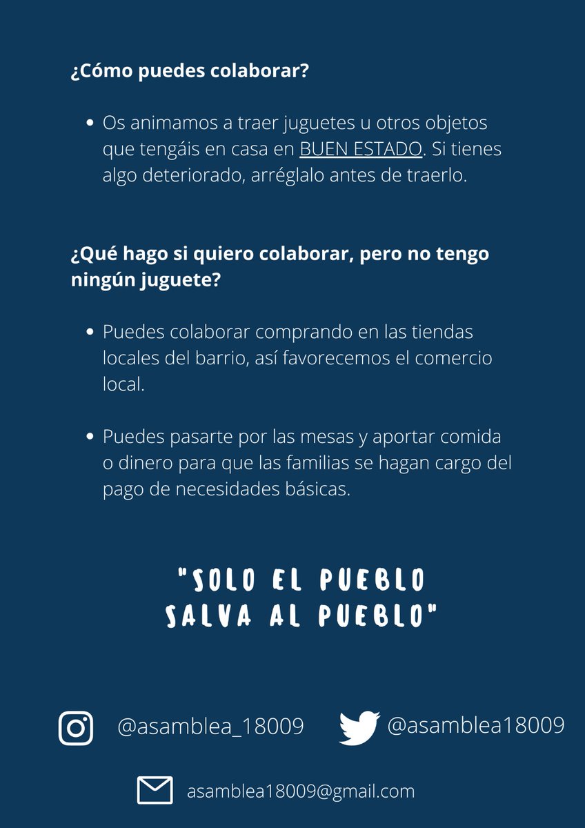 asamblea18009's tweet photo. Cómo puedes colaborar?
✓ Puedes traer juguetes u otros objetos en buen estado.
✓ Puedes realizar compras en las tiendas del barrio.
✓ Pásate por las mesas de recogida aportando alimentos o dinero.
✓ Si tienes dudas, pregúntanos!

#barriosunidos
#solidaridad https://t.co/aEoSWsU0u2