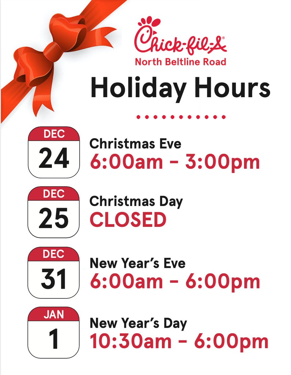 CFANBeltline's tweet photo. I don't know about y'all, but we are super pumped about the Holidays being right around the corner! Just so you know, we have different hours than usual on a few days in the next couple weeks. Here they are... https://t.co/eSYv3N5CV2