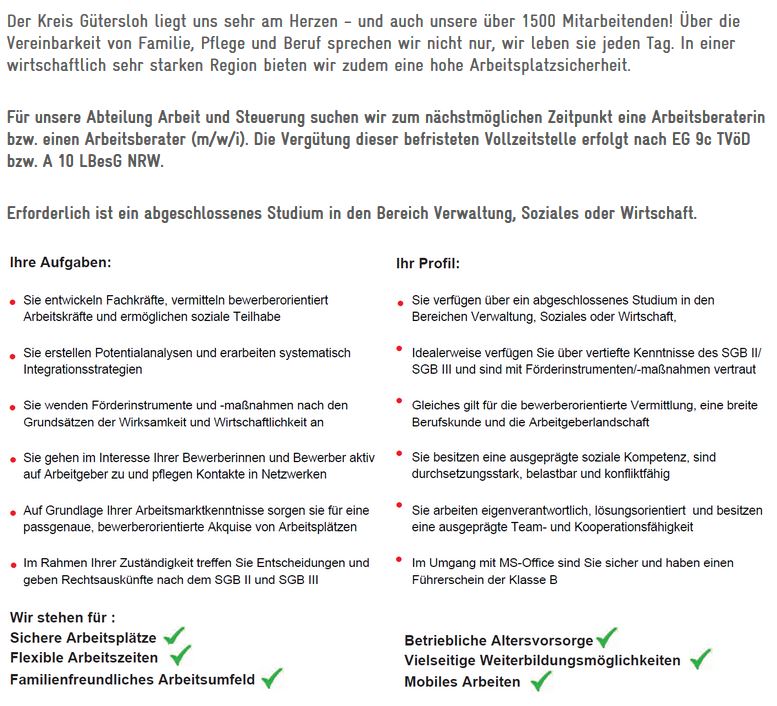 #Jobcenter Wir suchen Verstärkung für die Arbeitsberatung im Jobcenter am Standort Gütersloh! (interamt.de/koop/app/stell…)