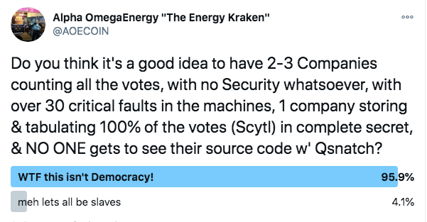 REALPOLLS, NOT FAKE Biased Political Front Org Manipulation Polls:
-REALPOLLS of the public show 96% of ppl think the current system of ZERO oversight into the #Elections machines code, tabulations, files, records, servers, etc is NOT ACCEPTABLE. <a href="/JudiciaryGOP/">House Judiciary GOP 🇺🇸🇺🇸🇺🇸</a> <a href="/GOP/">GOP</a> MUST CHANGE!!!