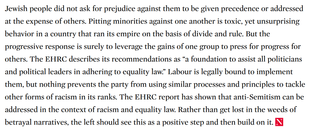 The idea that the EHRC report & the processes surrounding it can be a "positive step" for anti-racism in Britain is for the birds. The "Labour antisemitism" media narrative has functioned to protect & strengthen racism in British politics, as was always likely to be the case. 20/
