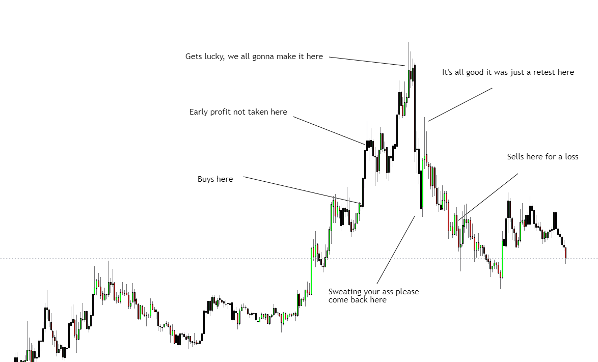 TAKE EARLY PROFITSIf you do not take early profits and you actually ride the coin to the top and still don't sell there and it starts to go back down, you then become emotionally invested at the top.