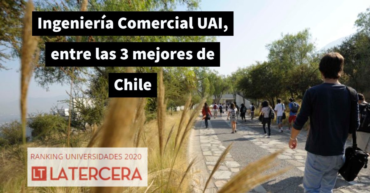 NegociosUAI's tweet photo. El Ranking de Universidades 2020 La Tercera/ Qué Pasa ubicó a la carrera de Ingeniería Comercial de la @UAI_CL tercera a nivel nacional y en el primer lugar entre las universidades no tradicionales del país.

La medición considera la opinión de un total de dos mil profesionales https://t.co/bAgg7GhCCL