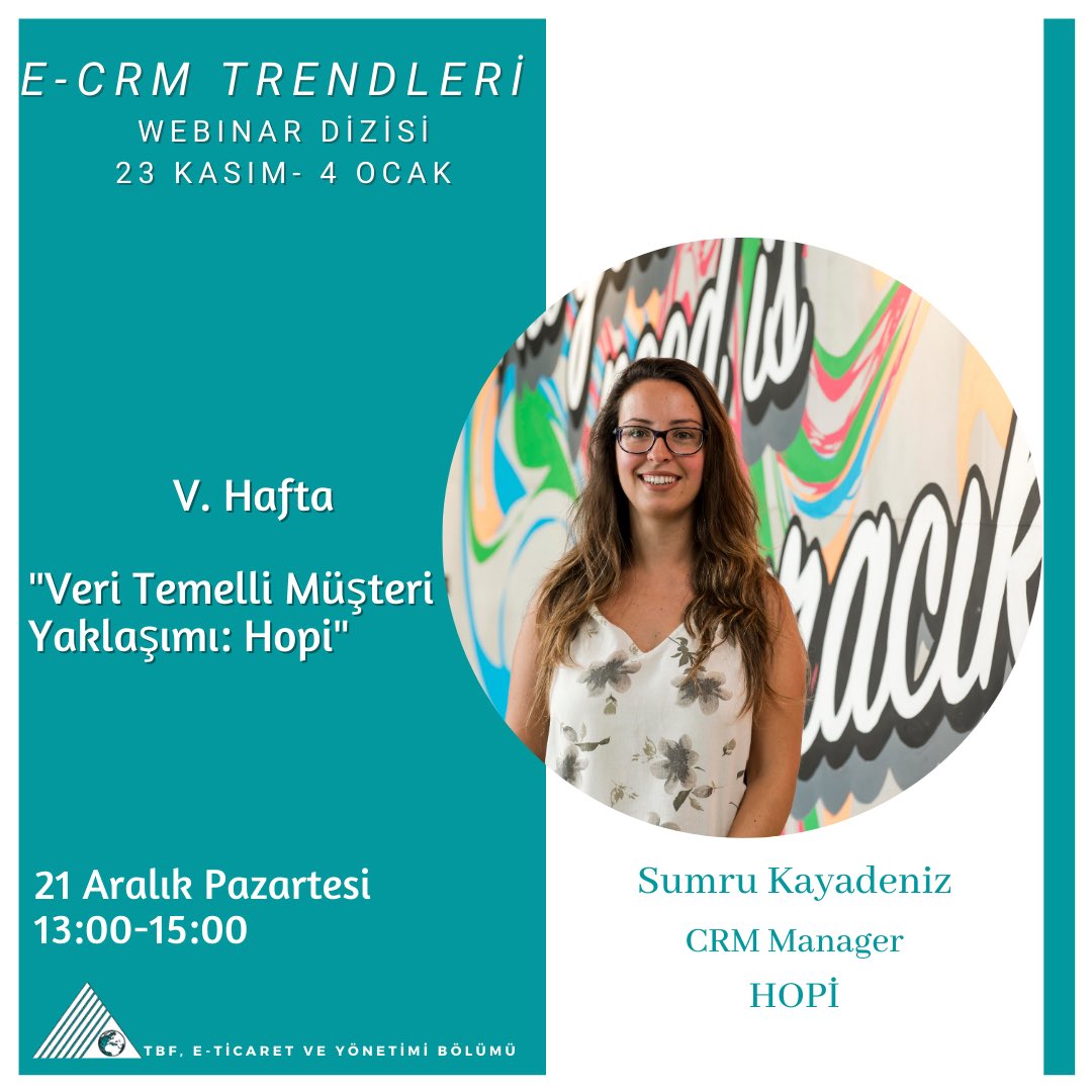 YeditepeBBBF's tweet photo. E-CRM Trendlerini sektör uzmanları konuşmaya devam ediyoruz. 21 Aralık Pazartesi günü webinarımızda Hopi CRM Yöneticisi Sumru Kayadeniz bizlerle olacak. 👩🏻‍💻

✅4 Ocak’a kadar sürecek webinarımıza katılım linki: 

https://t.co/g4MeOQ60ow https://t.co/yBnnKWUG15