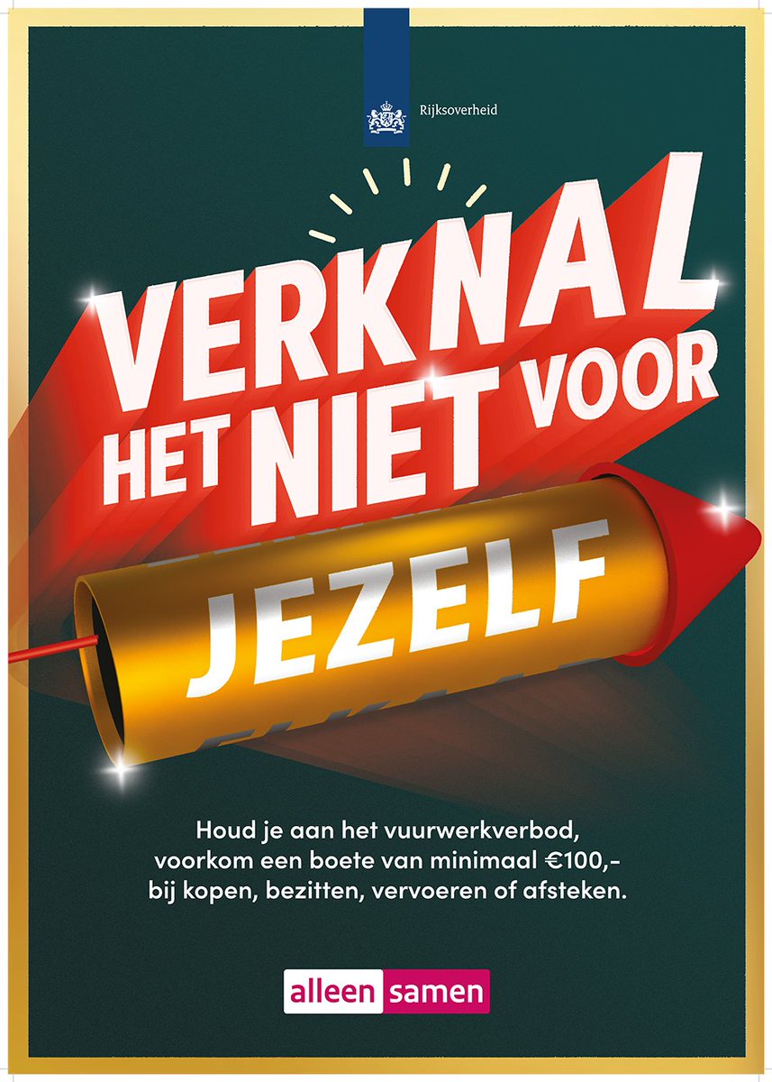 Verknal het niet voor jezelf!
Houd je aan het vuurwerkverbod. Dan voorkom je een boete van minimaal €100,- bij kopen, bezitten, vervoeren of afsteken van vuurwerk.

Ervaar je vuurwerkoverlast? Laat het ons weten via vuurwerkoverlast@tiel.nl.