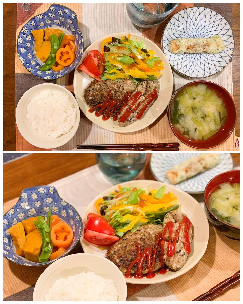 12月19日の #こどもごはん と大人ごはん
豆腐とヒジキと舞茸入りハンバーグ
(3枚目に星田用の飯も今日は載せとく?…崩れハンバーグとレタスの芯サラダと花人参の外側の煮物と1/2本しか残らなかったちくわの磯辺揚げ?)
←弟1歳7ヶ月  兄7歳→ +星田→→ 