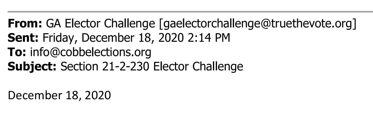 We now know for sure that Texas-based Republican organization True The Vote is behind 'local' voter challenges in Cobb & other Georgia counties. GA law allows any voter to challenge any other voter in same county. Cobb has denied 49,000+ challenges from 2 people. Email header: