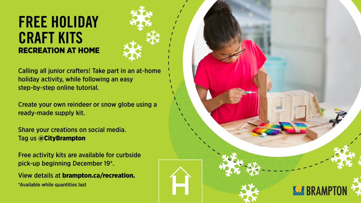 CityBrampton's tweet photo. This holiday season, Brampton Recreation has free holiday craft kits for kids to enjoy at home! Pick up a kit while supplies last and follow an online tutorial to make a reindeer or a snow globe. Get started: https://t.co/d0wNTOnoA2 https://t.co/uwIb3G01v4