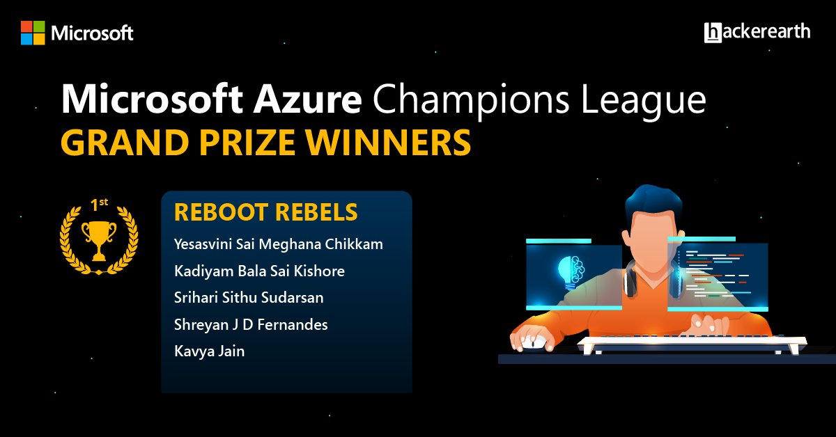 HackerEarth's tweet photo. This Friday, we concluded our Microsoft Azure Champions League, and here are the grand prize winners!!! 

#HackerEarth #OnlySkillsMatter https://t.co/qHH3d19oMx