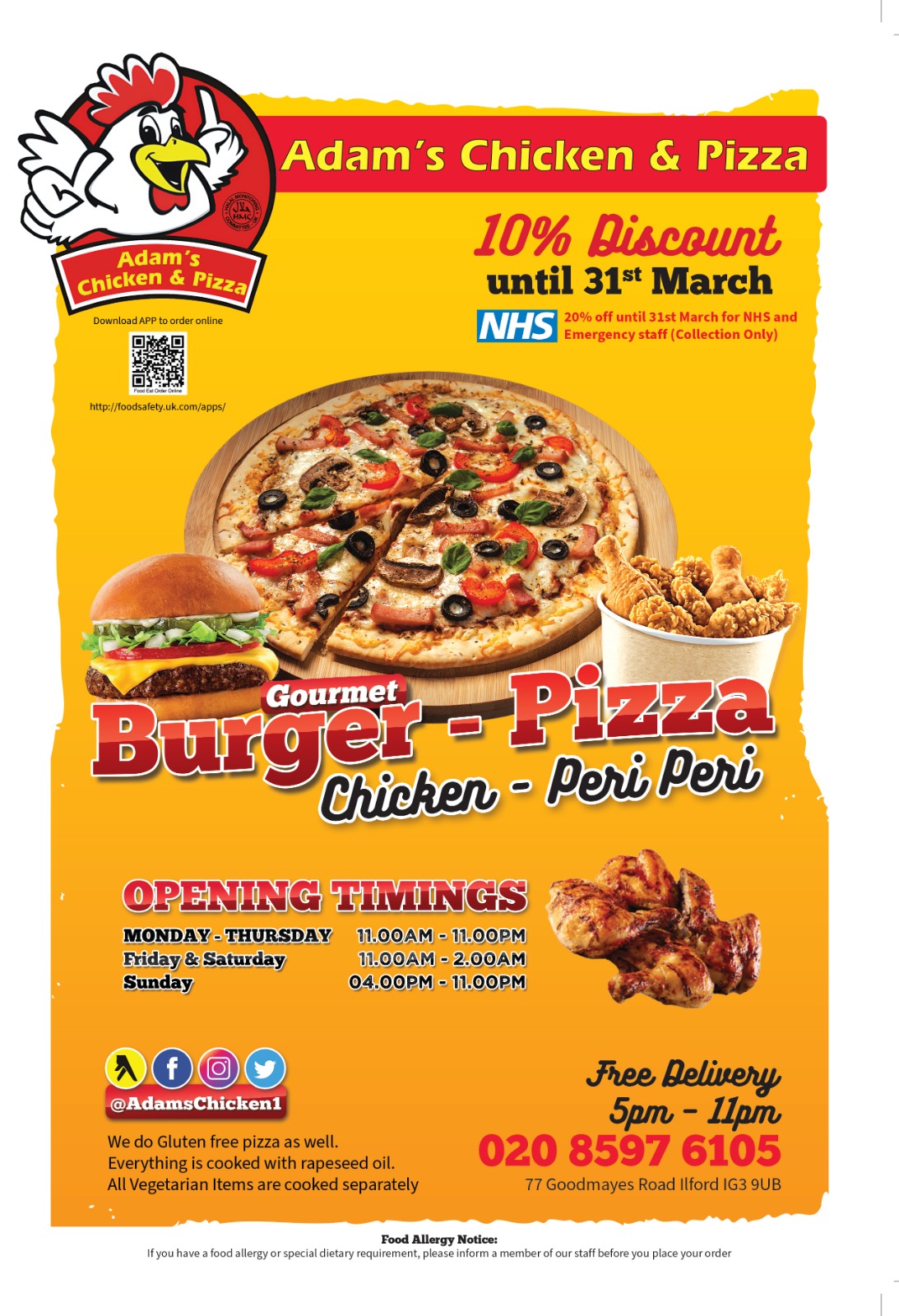 Adam S Chicken Pizzaさんはtwitterを使っています Delivery Starts On Monday From 5pm To 10pm All Esteemed Customers Are Requested To Order Burgers And Fried Chicken In Addition To Pizza Peri Peri Chicken Only Till