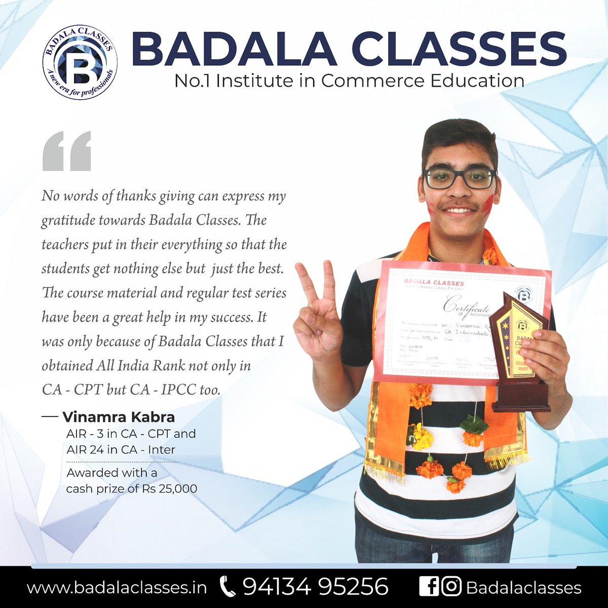 BadalaClasses's tweet photo. Appreciations always feel good but those coming from our own Badalians mean so much more!!
What our toppers speak - Part 1
Vinamra Kabra - AIR 24 in CA - Inter, AIR 3 in CA - CPT
#badalaclasses #badalians #toppersspeak #alwaysonthetop #icai #cainter #cacpt https://t.co/NVqCJhxkM3