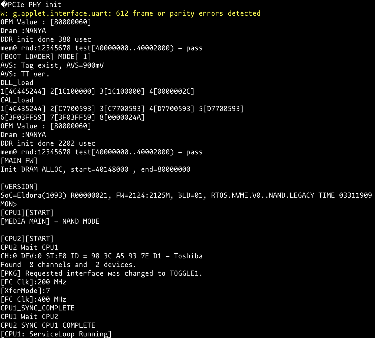 when you power the drive on, it tells you a lot of things already! that it has a boot loader, 2 GB of DRAM, a multicore SoC, and an RTOS. but then it gets better!