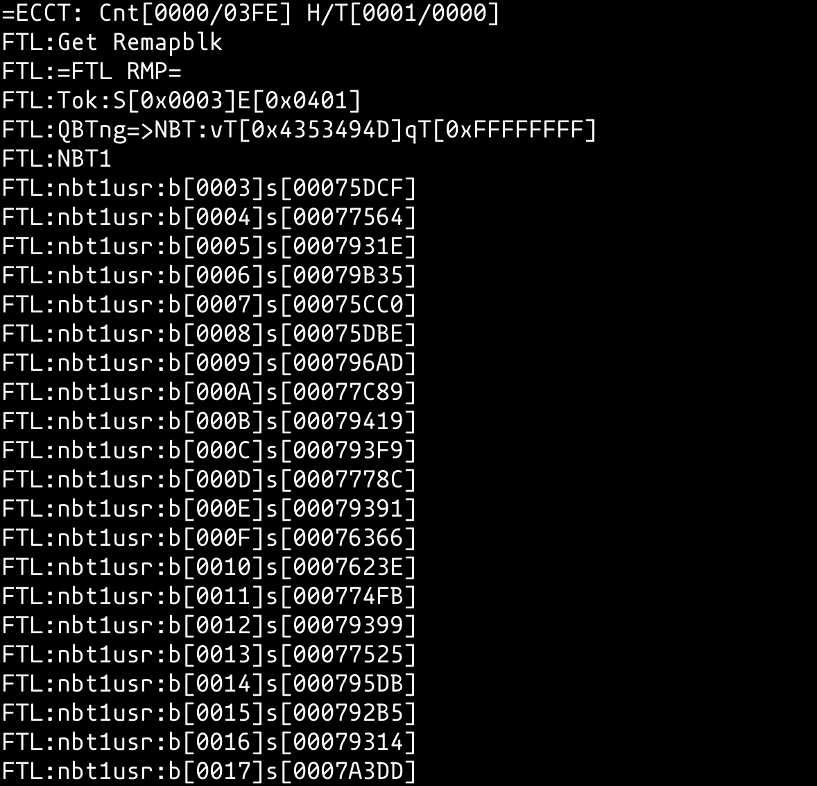 first it dumps what i assume is the complete FTL state and a remap table. you could probably use this for data recovery, if you had it logged somewhere persistent?
