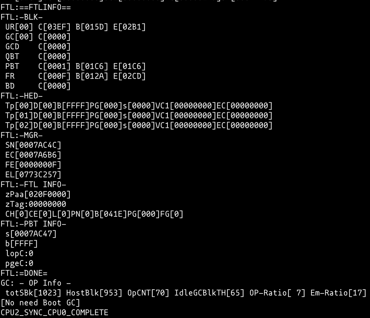 first it dumps what i assume is the complete FTL state and a remap table. you could probably use this for data recovery, if you had it logged somewhere persistent?