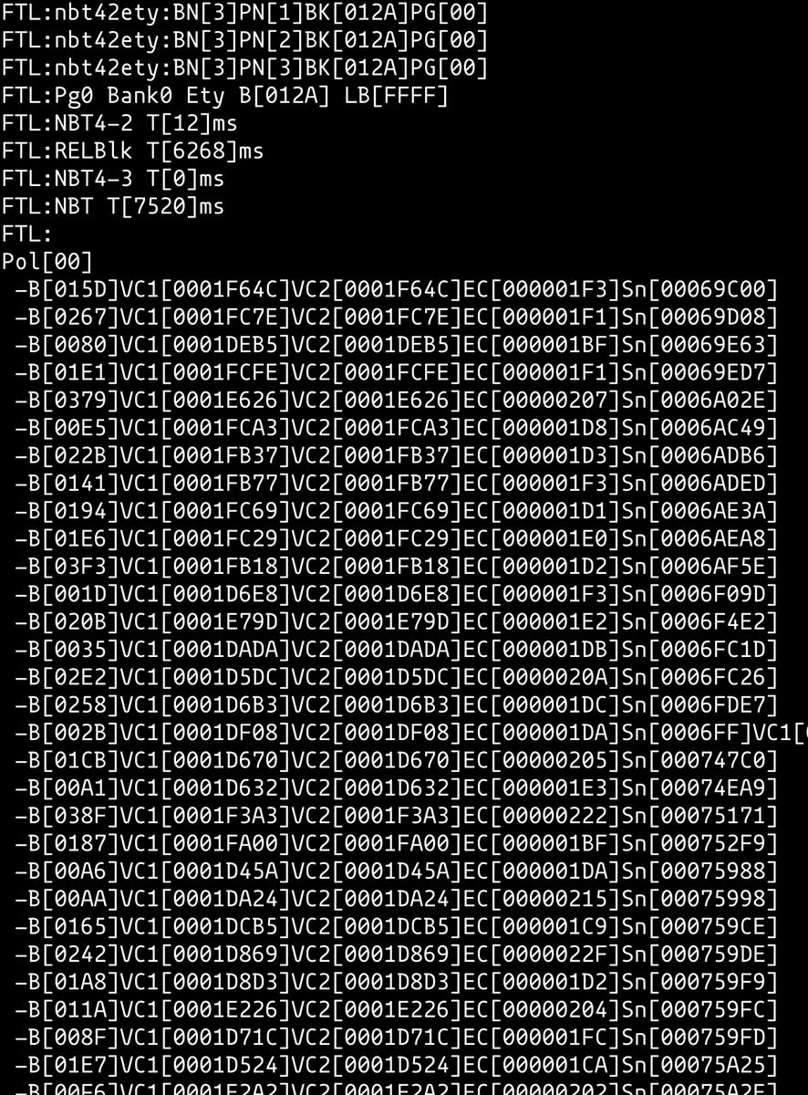 first it dumps what i assume is the complete FTL state and a remap table. you could probably use this for data recovery, if you had it logged somewhere persistent?