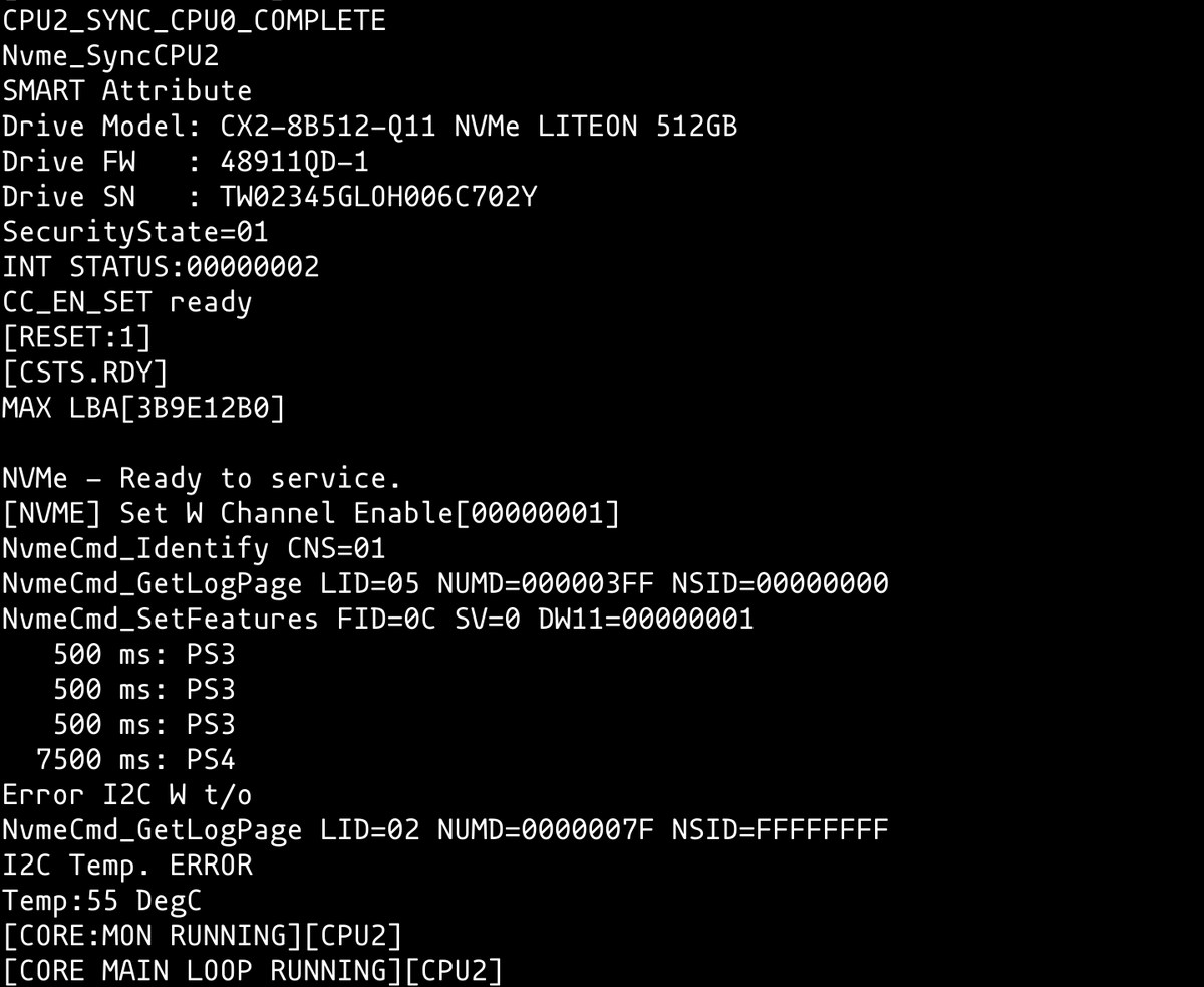 second it tells you a bunch of information about itself and the NVMe link! you could probably use this to debug annoying power saving issues (coincidentally, I've observed annoying power saving issues with this SSD once in the past...)