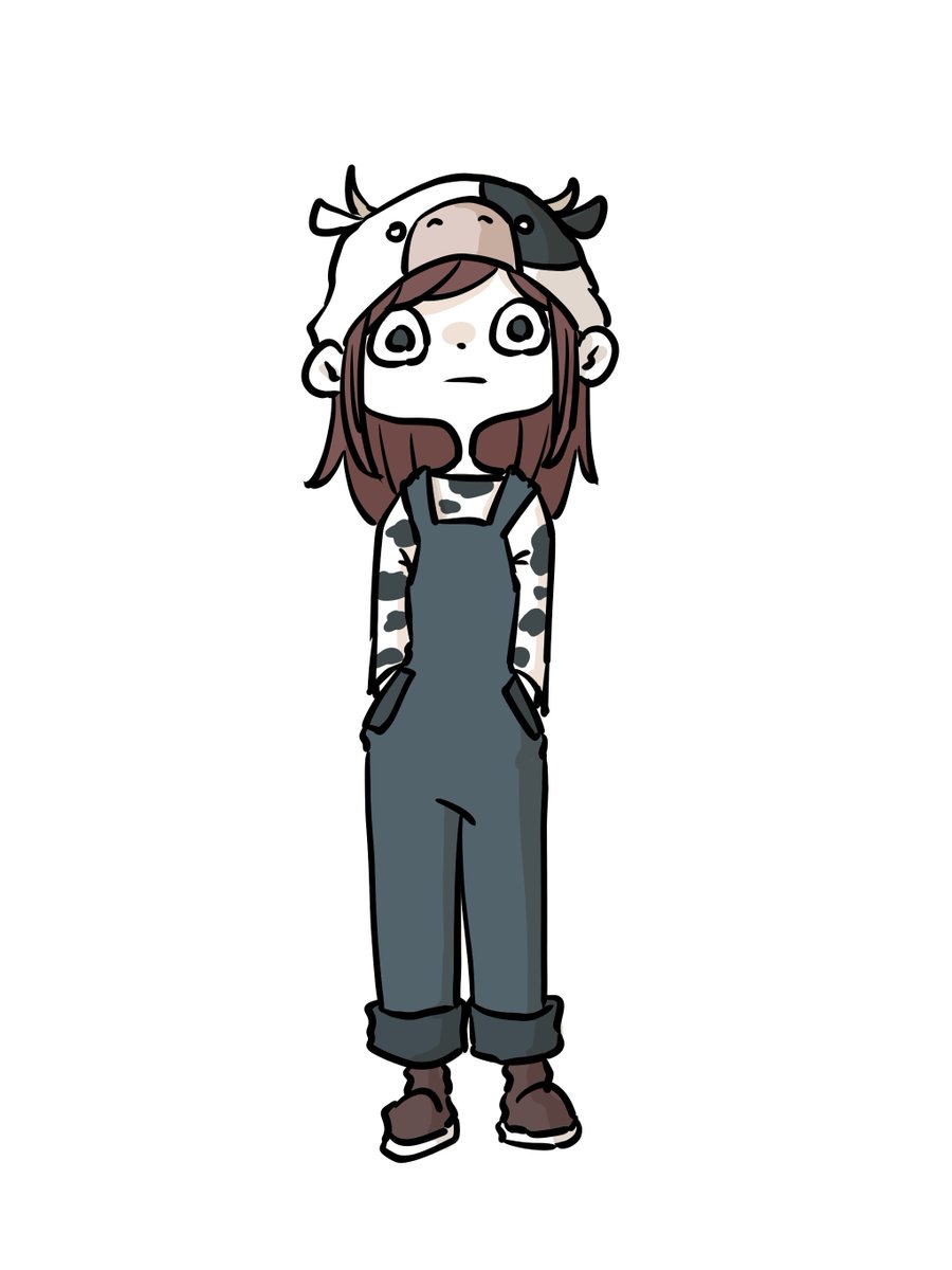 1girl solo overalls brown hair hands in pockets white background brown footwear  illustration images
