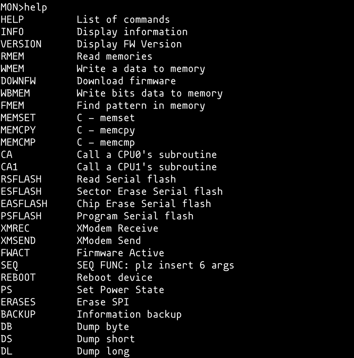 third... it has a shell! "monitor", as it calls that. with a *massive* amount of available commands. it's reminiscent of U-boot, though it seems to be custom-made for NVMe drives