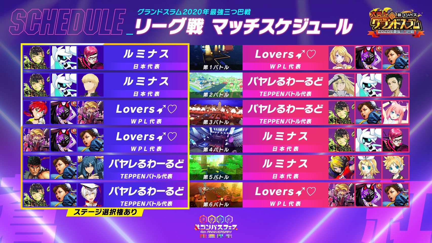 公式 コンパス 戦闘摂理解析システム コンパスフェス4th グランドスラム 最強三つ巴戦 リーグ戦の 使用ステージ ヒーロー決定 選手の応援歌よろしく 配信視聴はコチラ T Co Qcex08qcu9