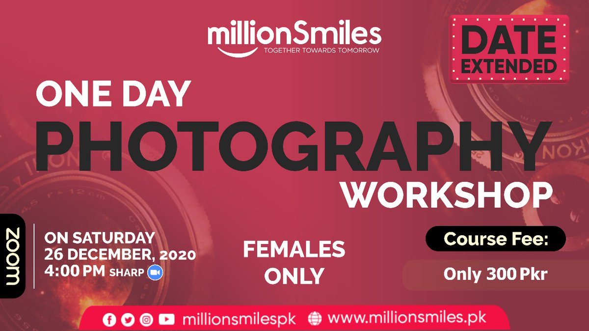MillionSmilesPK's tweet photo. Date Extended..!

Opportunity for Female Photographers.

Million Smiles is here with an amazing One Day Photography Workshop for all the souls who want to capture moments.

For registeration, click on the link below:
https://t.co/gZEgS9FNRk

Lets capture the World in your lense. https://t.co/W9ZdFheamo