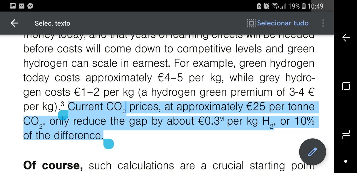 Grey H2 costsToday EUR 1-2/kgH2No mention to NG pricesYes to mention to CO2 pricesToday CO2 prices at EUR 25/tCO2 --> additional cost EUR 0.3/kgH2If gap today of green vs grey is EUR 3/kgH2--> CO2 prices for cost parity at EUR250/tCO2If future gap is 0.7 -> EUR 58/tCO2