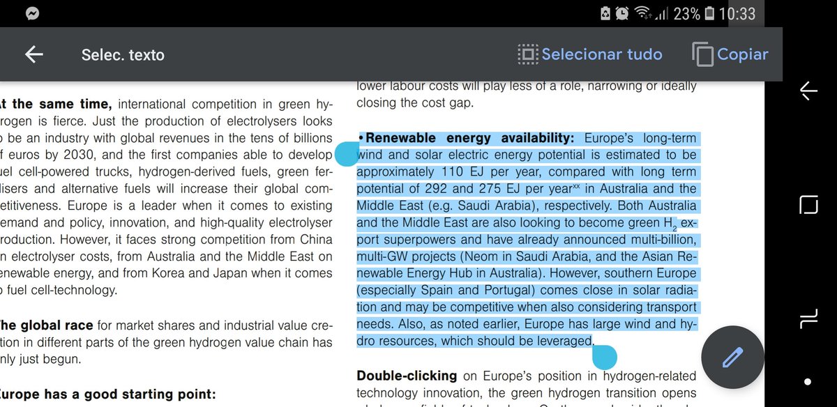 Suppose 1100 TWh green H2+ efficiency 70%--> 1570 TWh RES-electr needed+ electrification needsAccording to doc, no issue on res electricity potential in Europe--> 110 EJ/year = 30556 TWh--> large wind and hydro resources