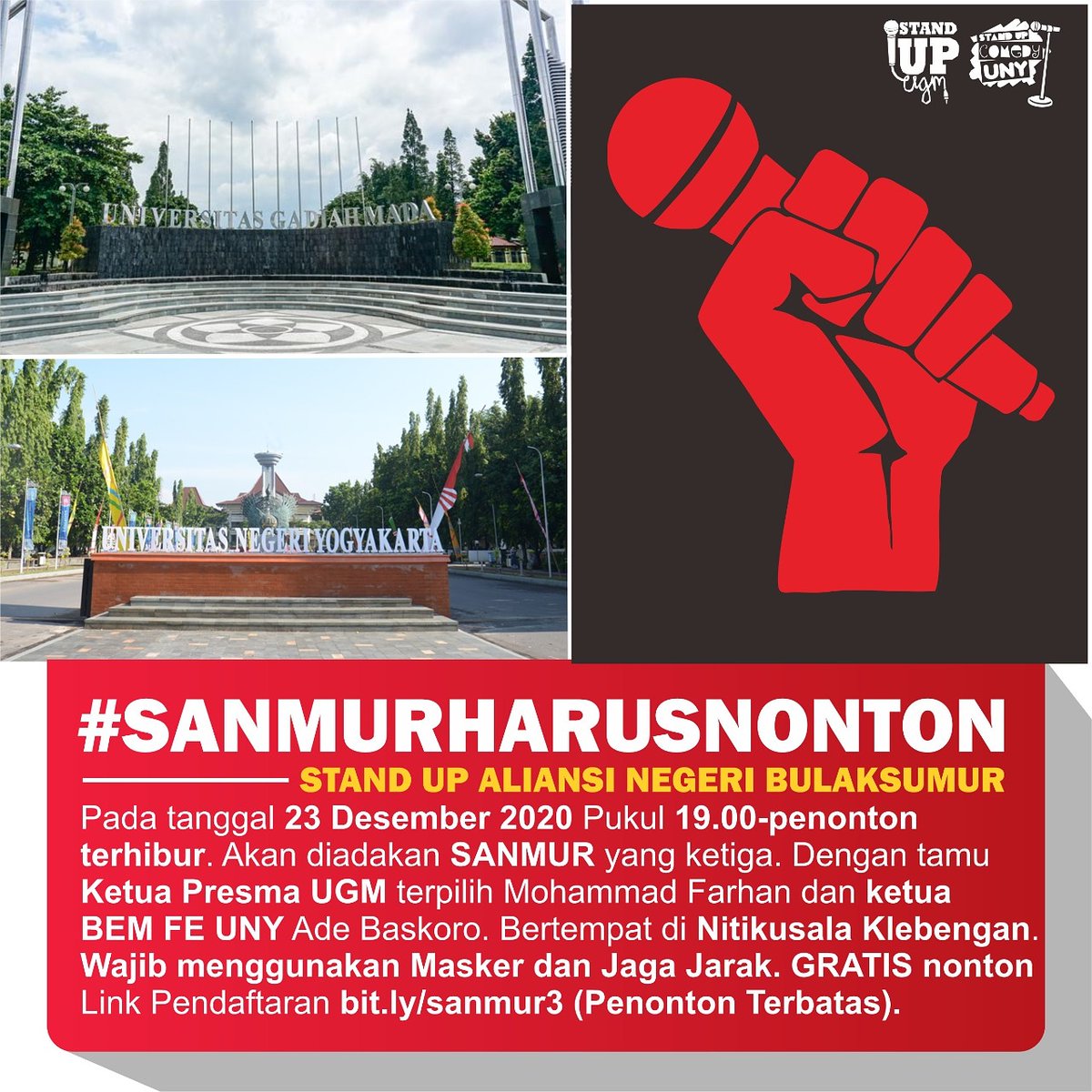 Kolaborasi 2 kampus negeri terbaik di Jalan Colombo akan hadir
.
SANMUR kali ini mengundang Ketua Presma terpilih UGM dan Ketua BEM FE UNY 2019
Langsung saja daftar di 
bit.ly/sanmur3
.
Tetap pakai masker dan jaga jarak
.
Pesan sih gk usah datang kalo belum Registrasi