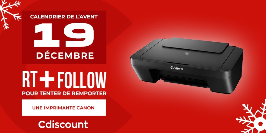 #CalendrierDeLavent - Jour 19 🎄

🎁 Une imprimante Canon est à gagner aujourd'hui : pick.aw/HWCrX4r

Pour tenter ta chance :

🔹 RT + Follow <a href="/Cdiscount/">Cdiscount</a>

🍀 TAS le 21/12

⏰ Rendez-vous demain pour découvrir un nouveau cadeau