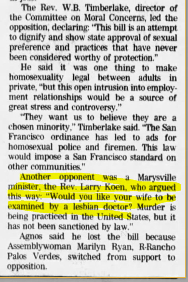 The San Francisco Examiner (San Francisco, CA) 1981-04-01Bill to protect gays fails on a tie vote"Would you like your wife to be examined by a lesbian doctor?"