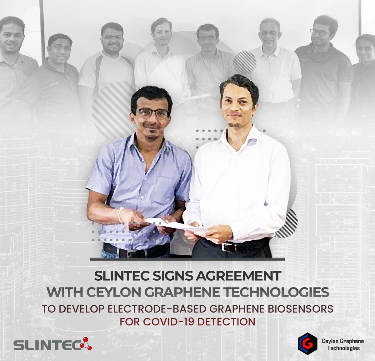 slintec_lk's tweet image. #SLINTEC and Ceylon Graphene Technologies has signed an agreement on 30th November 2020 to conduct research on electrode-based graphene biosensors for COVID-19 detection.
