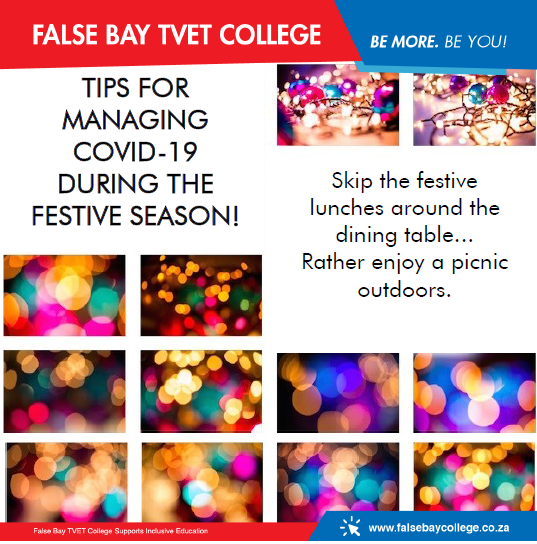 FalsebayCollege's tweet photo. Tips for managing covid-19 during the festive season.
#covid19 #festivevibes #happyholidays #holidaysafety #safety #capetown #southafrica #xmas #Covid-2020 #christmas #2020 #festivities #holidayhealthtips #collegelife #stopthespread #bethechange #wearamask #healthyathome https://t.co/lOfJHJkdz2