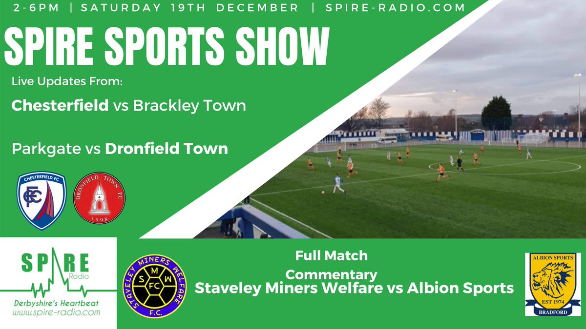 ⚽️| Coming up on today’s show...

ᖴᑌᒪᒪ ᗰᗩTᑕᕼ ᑕOᗰᗰEᑎTᗩᖇY

<a href="/StaveleyMWFC/">Staveley MWFC</a> vs <a href="/AlbionSportsAFC/">Albion Sports A F C</a> 

Live Updates:

🏆#Spireites vs Brackley Town 
Parkgate vs <a href="/DronfieldTownFC/">Dronfield Town FC</a> 🔴

From2️⃣ til 6️⃣ on spire-radio.com