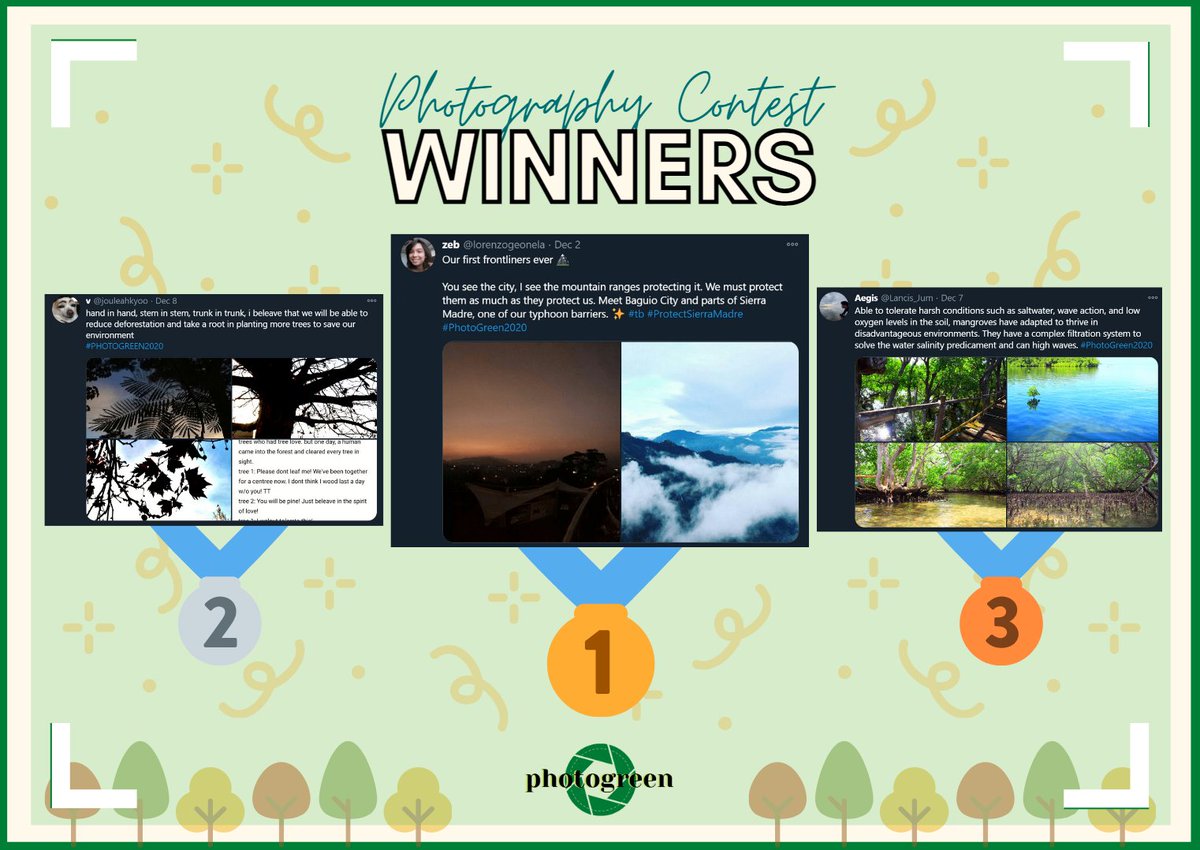 PHOTOGREEN2020's tweet photo. Congratulations to the final winners of the #PhotoGreen2020 🎊🎉 

🥇st Place: @lorenzogeonela 
🥈nd Place: @jouleahkyoo 
🥉rd Place: @Lancis_Jum 

It was a tough call but thank you to everyone who cooperated 💚 Keep making green choices and happy holidays everyone 🎄 https://t.co/nWzsgI6QbT