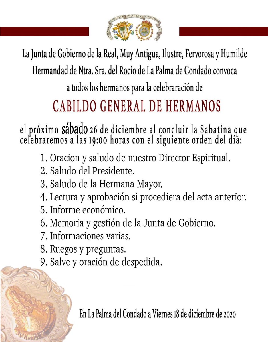 RocioLaPalma's tweet photo. Cabildo General de Hermanos
Sábado 26 de diciembre tras la Sabatina de las 19:00 En el Valle. 
Rogamos cumplan todas las normas de seguridad y atiendan a las recomendaciones de los miembros de la organización. https://t.co/7HFkGPEsmk