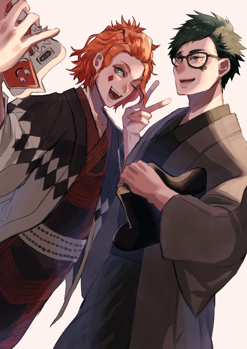 2boys multiple boys japanese clothes male focus kimono glasses v  illustration images