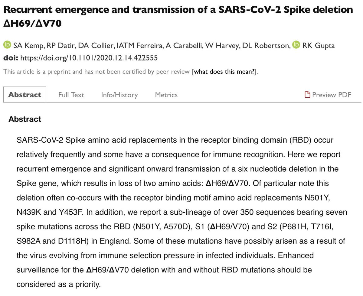 The new variant in the UK consists of several mutations in the spike protein, including ΔH69/ΔV70 deletions & other receptor binding domain mutations such as N501Y. The variant is described here in this pre-print from  @GuptaR_lab. https://www.biorxiv.org/content/10.1101/2020.12.14.422555v2
