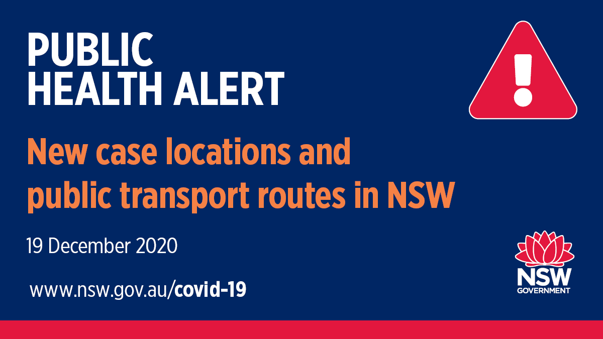 PUBLIC HEALTH ALERT New case locations and public transport routes in Avalon Beach, Surry Hills, Forster, Narrabeen, Turramurra, Erskineville, St Peters, Mona Vale, Palm Beach, Raymond Terrace, Brookvale, Homebush.