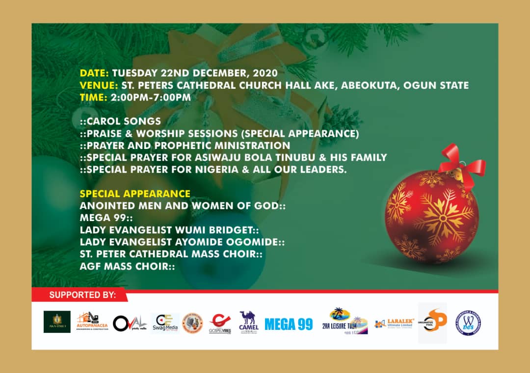 AGFEvents's tweet image. You are SPECIALLY INVITED!!!

Pls register to attend the 2020 AGF ANNUAL INTER-DENOMINATIONAL CHRISTMAS CAROL. 

eventbrite.com/e/agf-annual-i…

Admission is *"STRICTLY BY INVITATION"*

*For participation, sponsorship and inquiries; Please Call-*
08033099085, 08070634948, 07038461359.