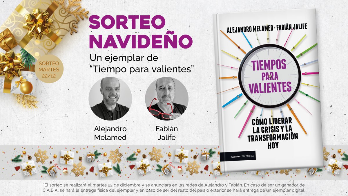¡Hay sorteo navideño! En estas fiestas regalamos un ejemplar de #TiemposParaValientes
Para participar:
- RT y @ un amigo
- Seguí a @melamedaley <a href="/fjalife/">fabian jalife</a> 
- Usá #CultivarLaValentía #ActuarConCoraje #LiderarLaTransformación 
<a href="/PlanetaLibrosAr/">PlanetadeLibros Argentina 🇦🇷</a> <a href="/PaidosArgentina/">Editorial Paidós Argentina</a> <a href="/EdicionesPaidos/">Ediciones Paidós</a>