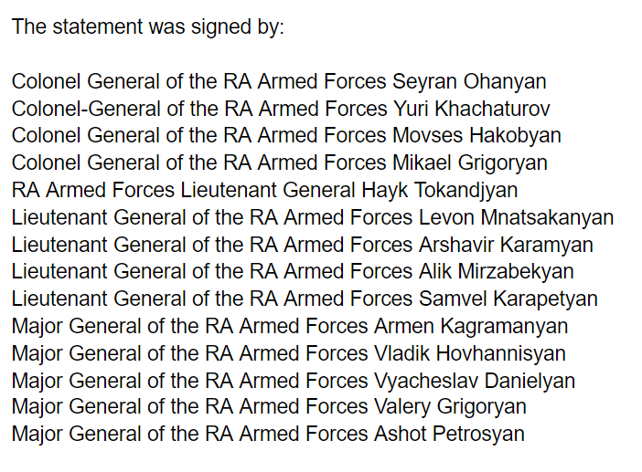 301arm's tweet photo. A group of retired/reserve generals issues a statement demanding the immediate resignation of the Armenian government. https://t.co/0B626tn2YQ