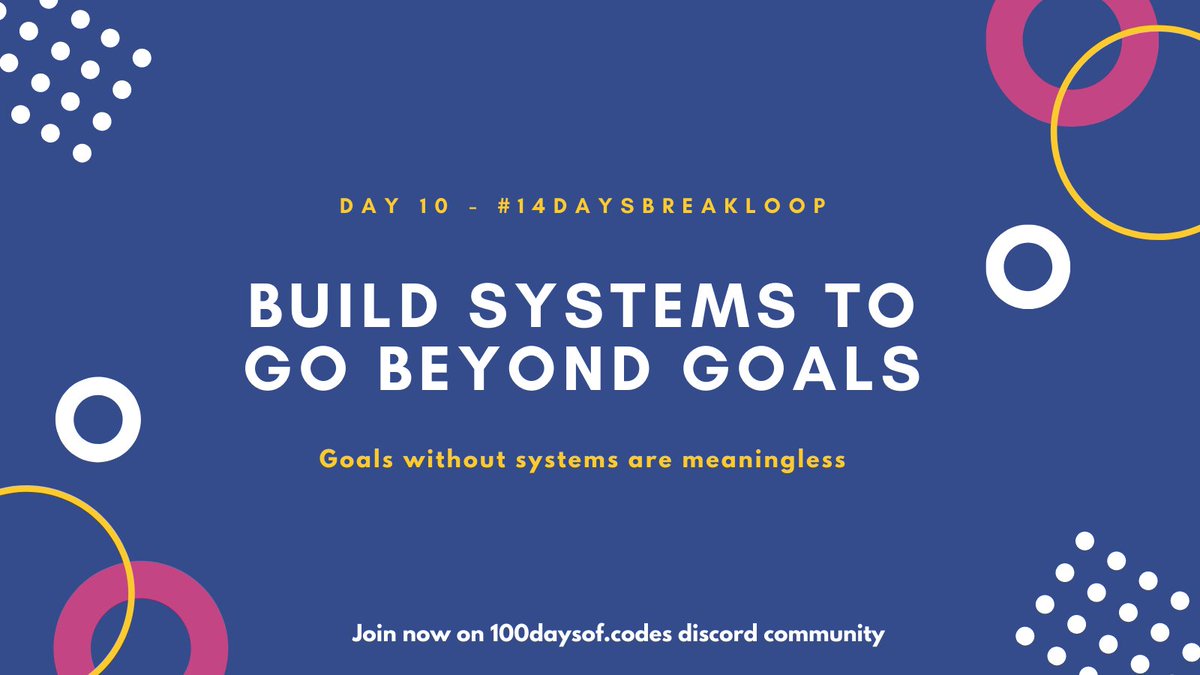 100daysofcodes's tweet image. Day 10 / #14daysbreakloop

Goals are about the results you want to achieve. 
Systems are about the processes that lead to those results.

BUILD SYSTEMS, TO GO BEYOND GOALS

Join our discord channel, 
discord.gg/ZUadueG3tA to build your own systems in #100DaysOfCode journey.